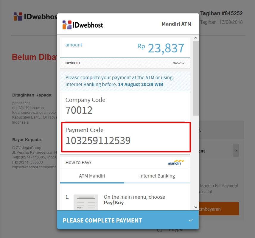 Pembayaran Virtual Account di IDwebhost