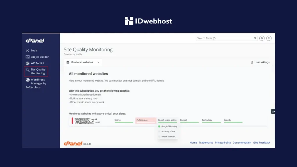 Site Quality Monitoring cPanel