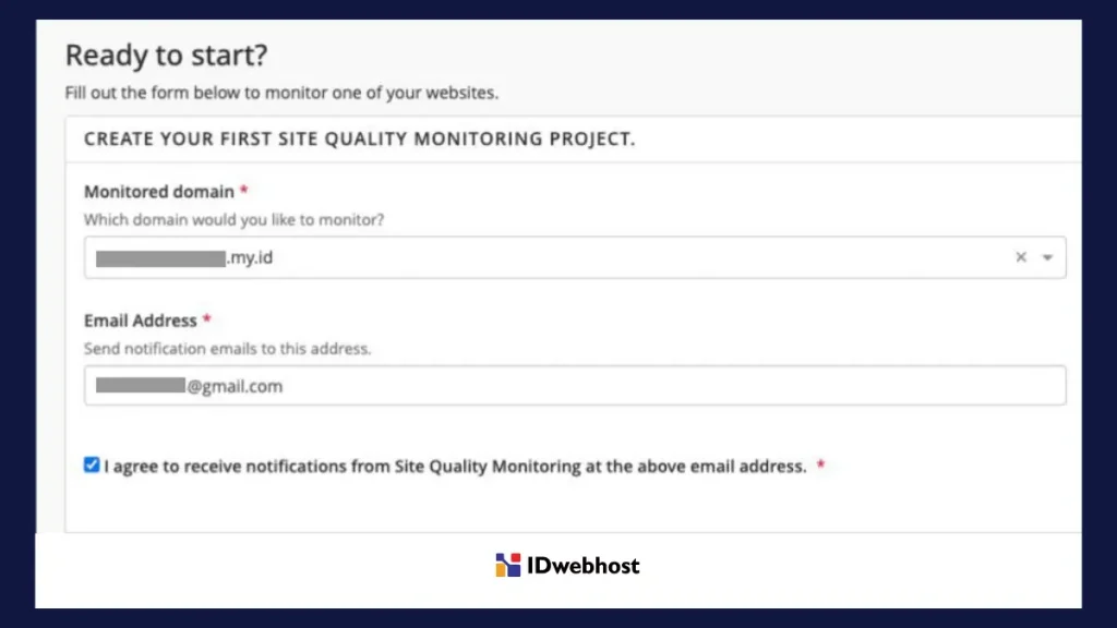 Tampilan formulir pendaftaran untuk mengaktifkan Site Quality Monitoring cPanel.