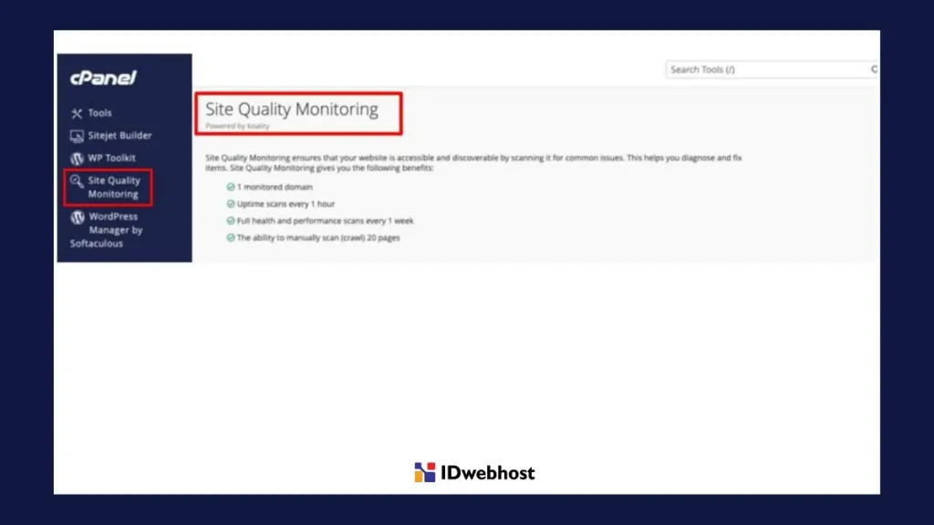 Tampilan menu Site Quality Monitoring pada cPanel.