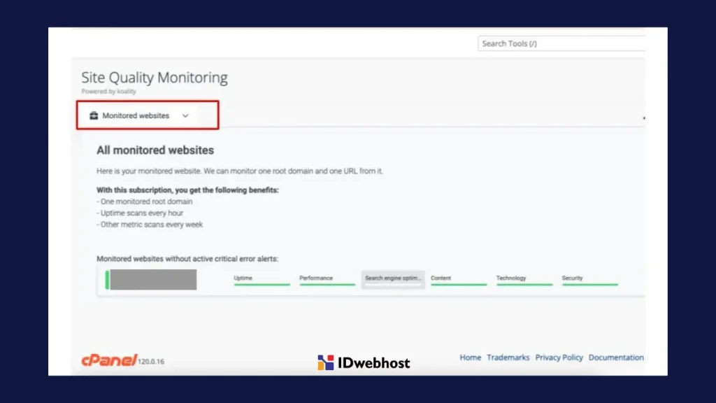 Tampilan menu monitored websites pada Site Quality Monitoring cPanel.