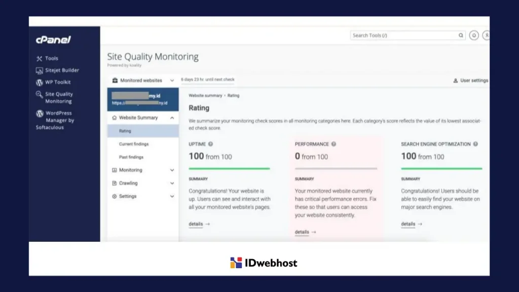 Tampilan Site Quality Monitoring cPanel setelah diaktifkan.