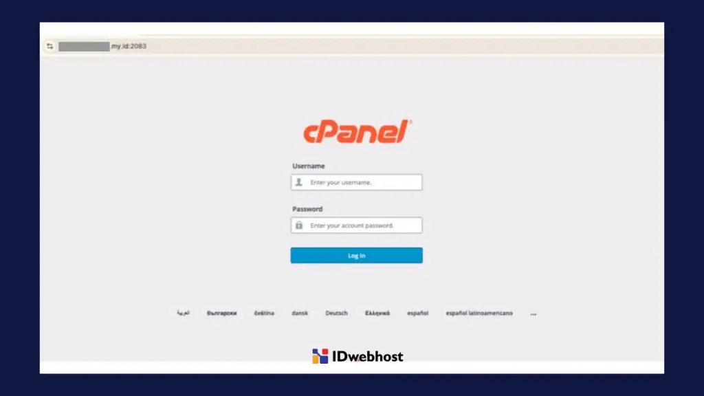 Tampilan halaman login ke akun cPanel.