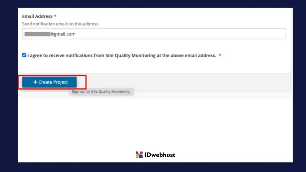 Tampilan untuk membuat proyek pemantauan pada Site Quality Monitoring cPanel