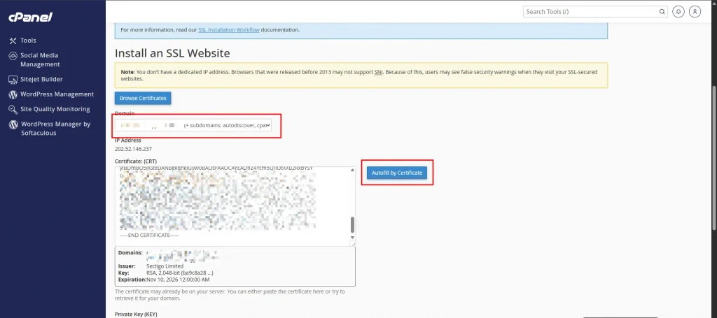 cara install SSL di cPanel