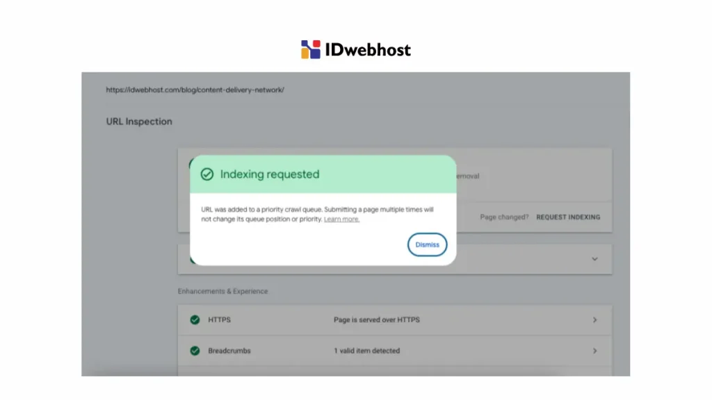 Request Indexing dilakukan di Google Search Console