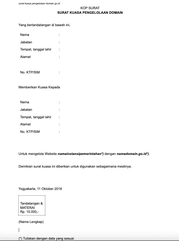 surat kuasa pengelolaan domain go.id