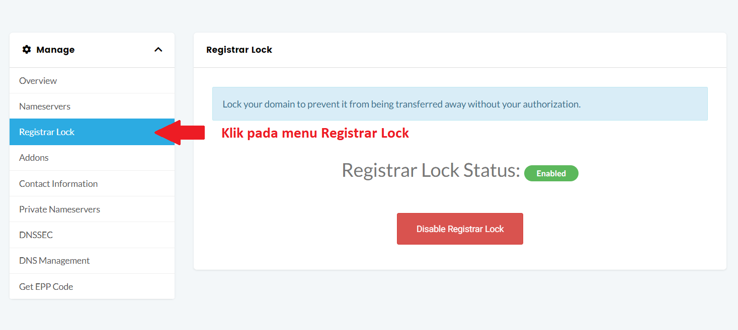 pilih menu registrar lock