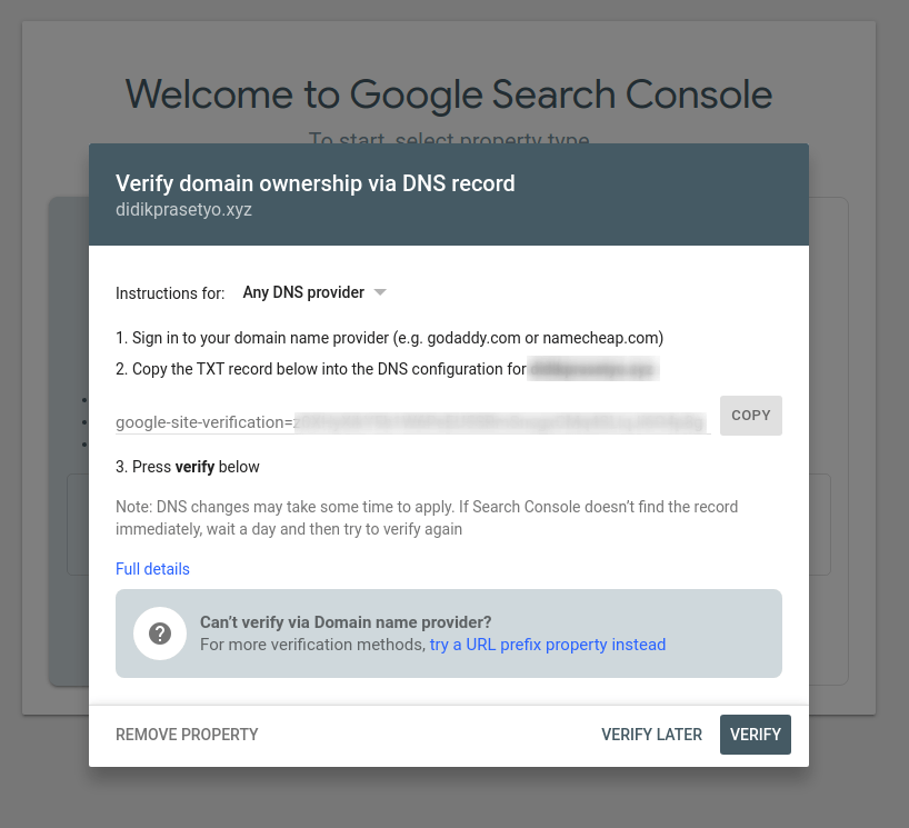 Verifikasi Domain ke Google Search